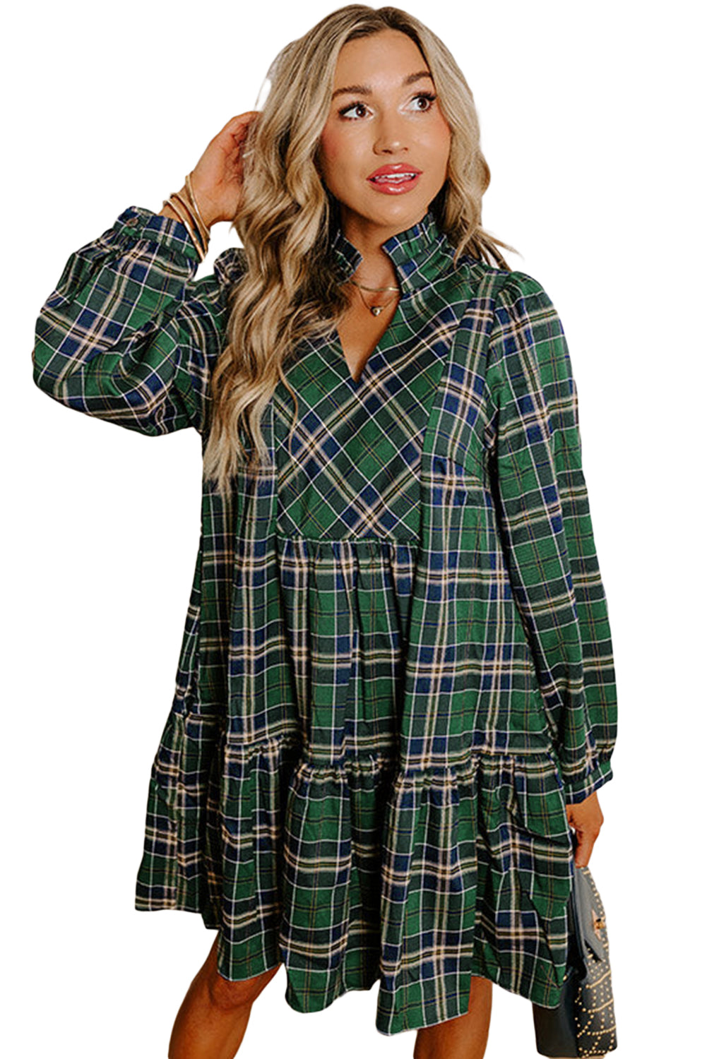 Green Plaid Print Frill Neck Long Sleeve Mini Dress