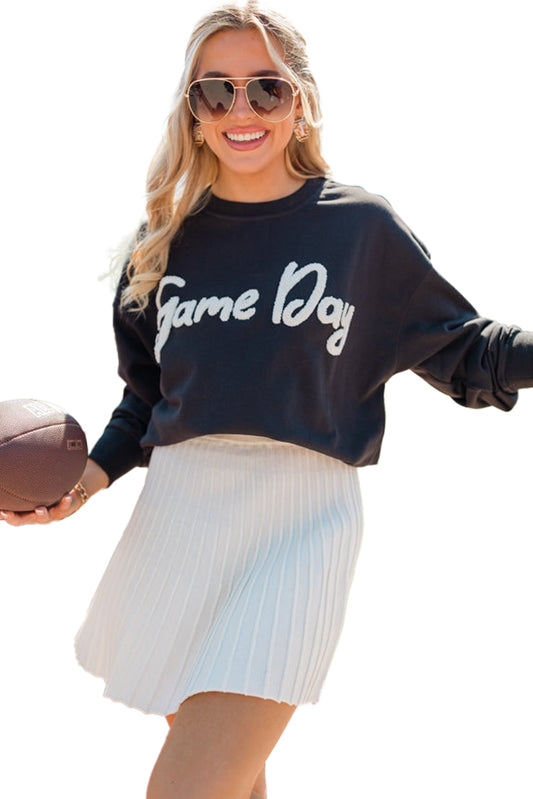 Black Chenille Game Day Letter Patched Drop Shoulder Sweatshirt