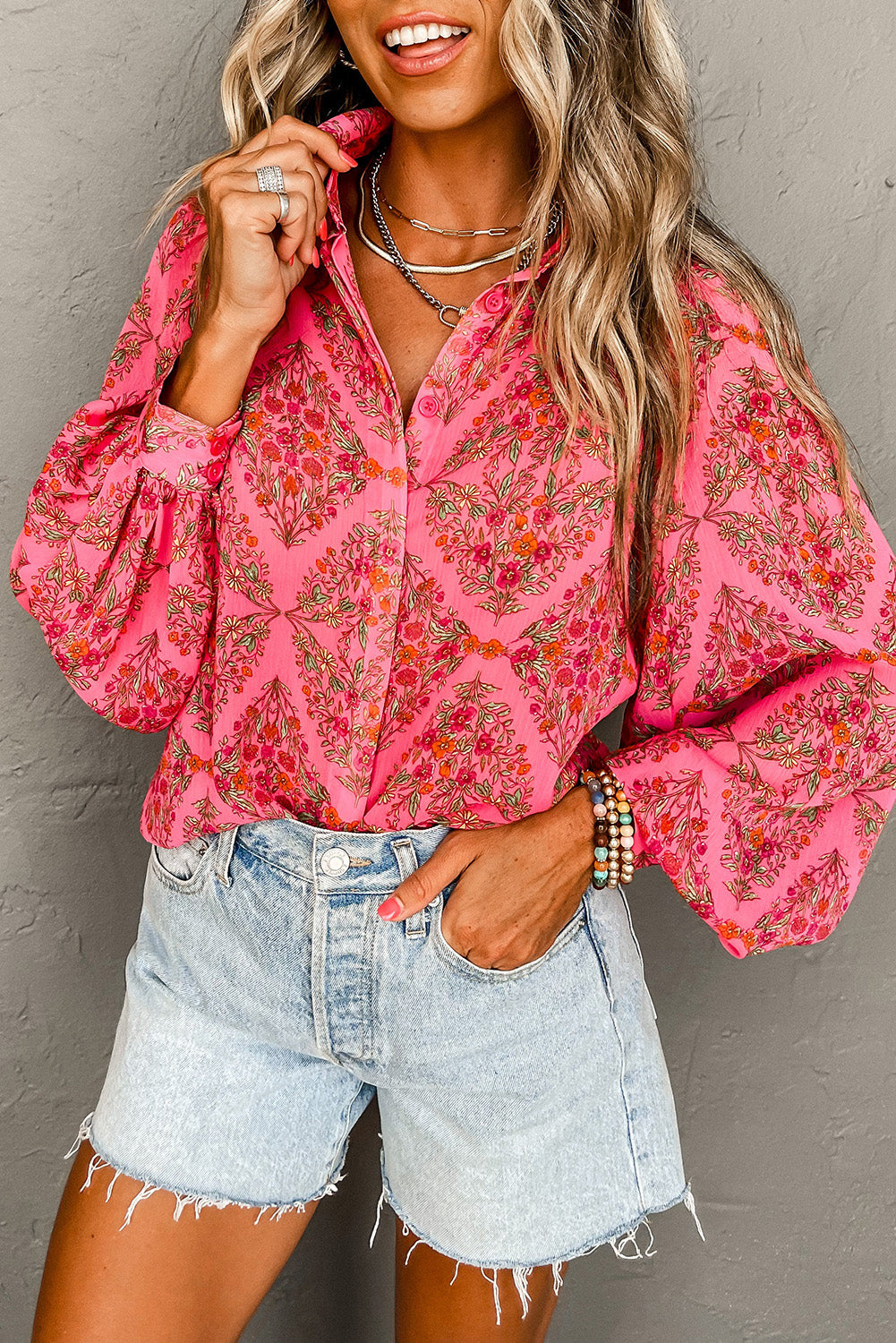 Black Floral Print Collared Button Up Puff Sleeve Shirt