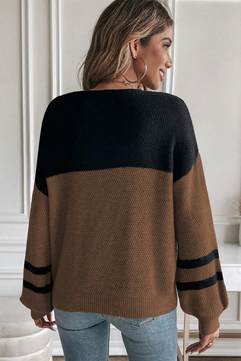 Dark Brown Colorblock Striped Sleeve Detail Knit Sweater
