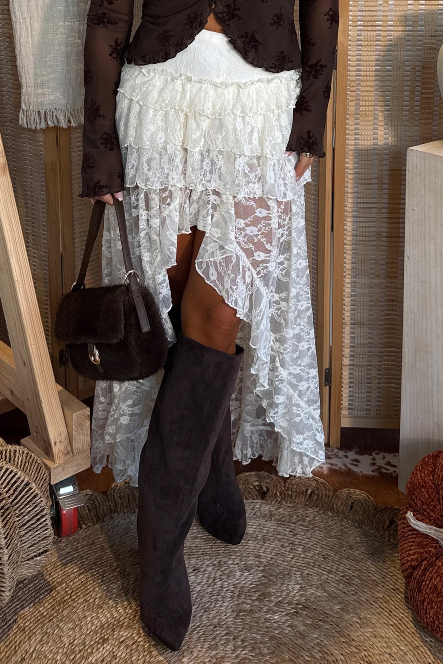 White Sheer Lace Overlay Frilly Ruffle Split Long Skirt