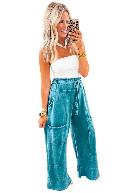 Lapis Mineral Wash Knot High Waist Raw Hem Pants