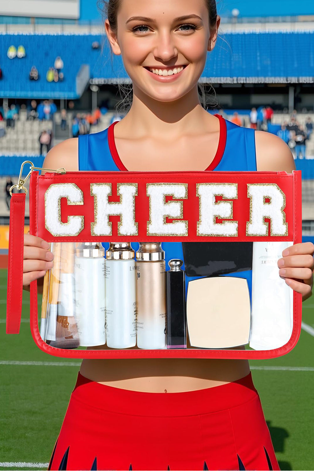 Bright Pink CHEER Chenille Letter Zipper Varsity Clear Makeup Bag