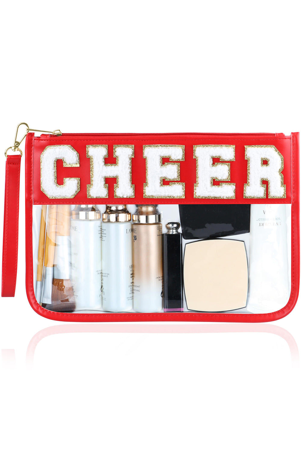 Bright Pink CHEER Chenille Letter Zipper Varsity Clear Makeup Bag