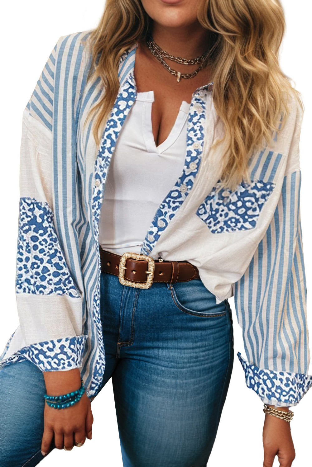 Sky Blue Leopard Striped Patchwork Casual Plus Shirt