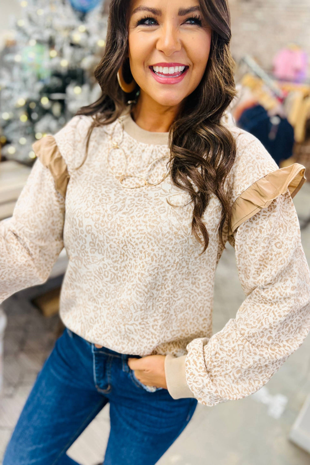 Khaki Ribbed Trim Ruffle Detail Leopard Round Neck Sweatshirt