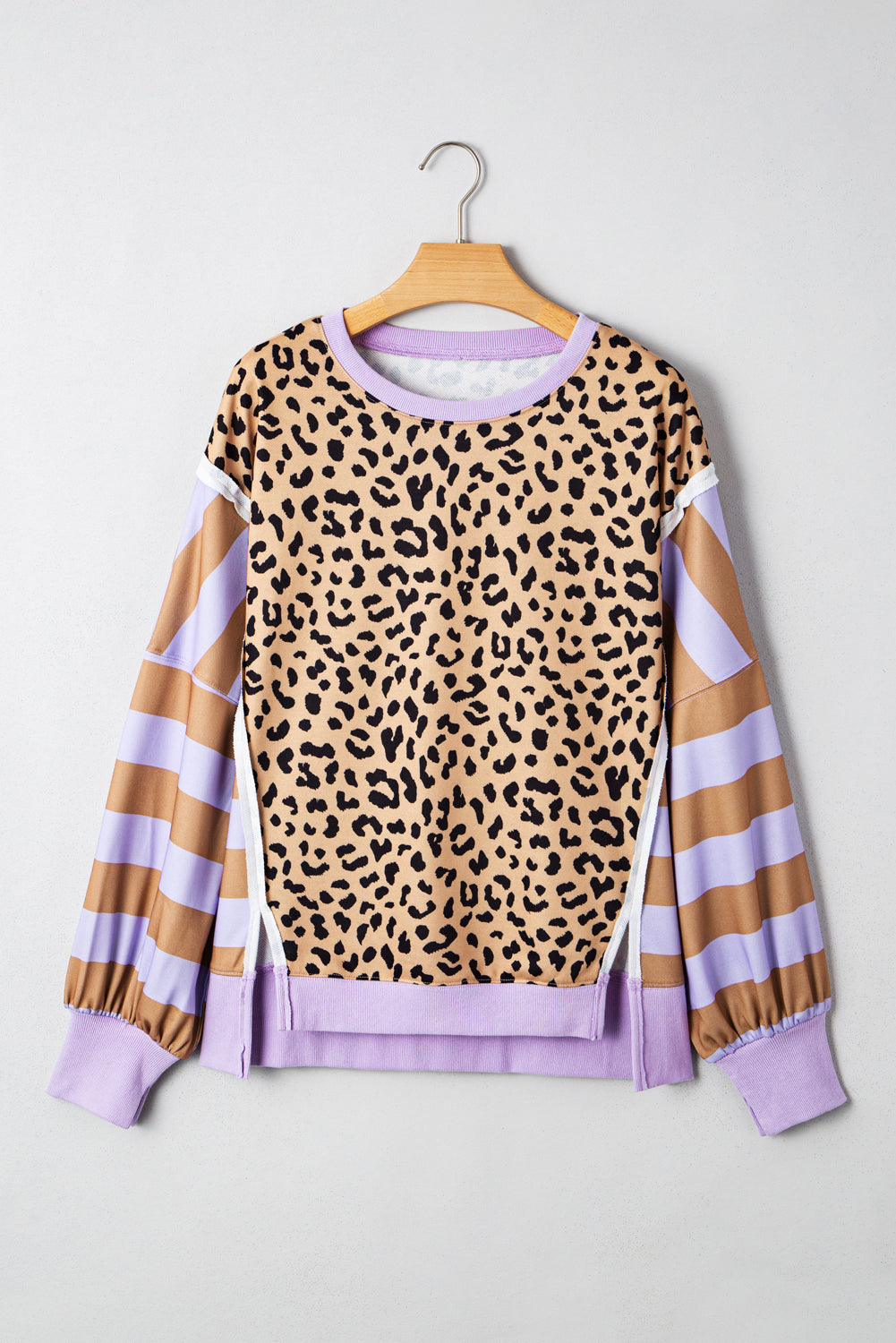 Khaki Striped Leopard Colorblock Side Slits Sweatshirt