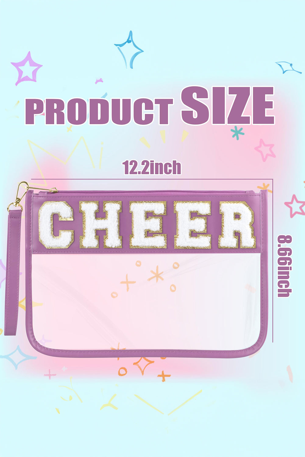 Bright Pink CHEER Chenille Letter Zipper Varsity Clear Makeup Bag