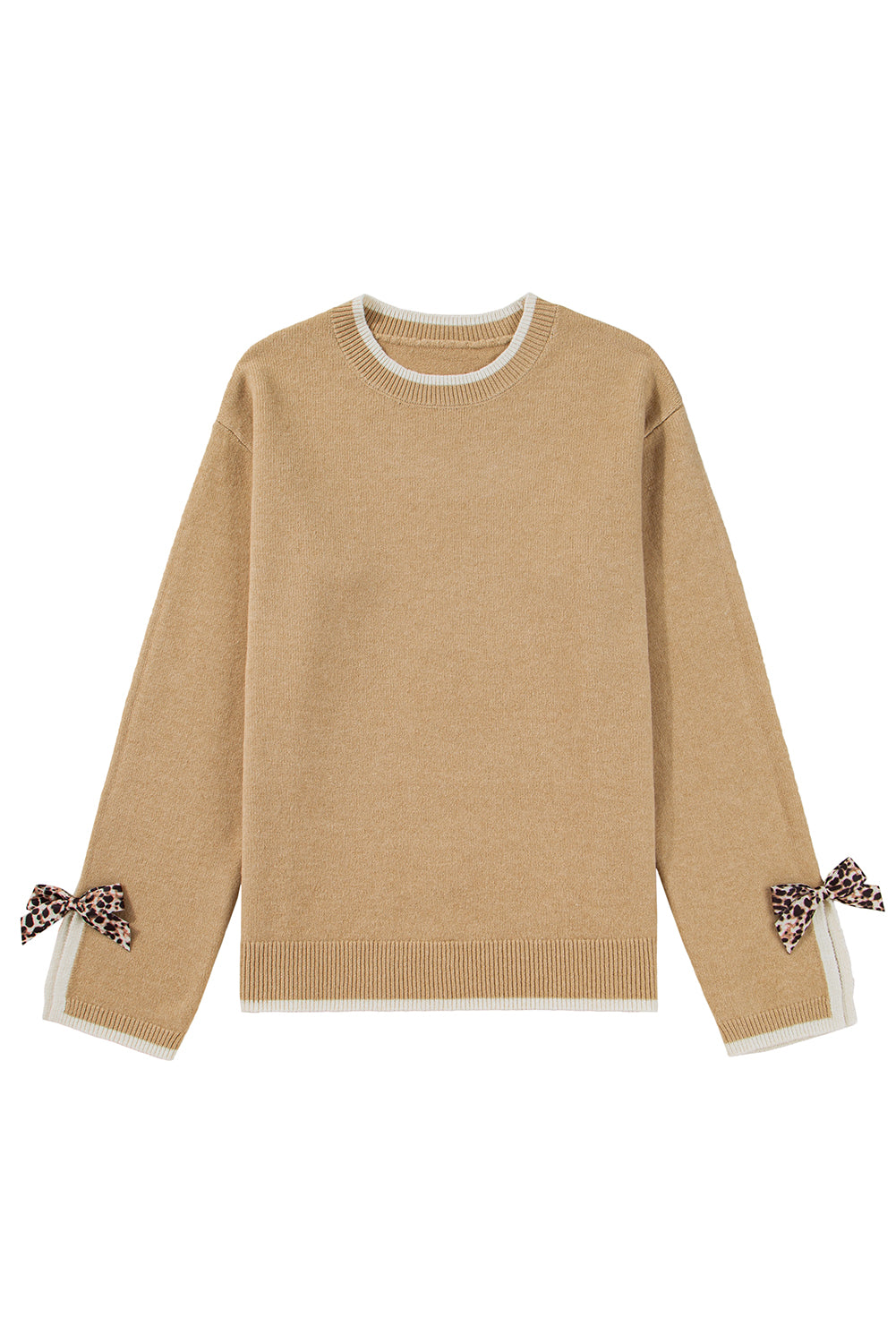 Tan Leopard Bow Decor Split Cuffs Contrast Trim Sweater