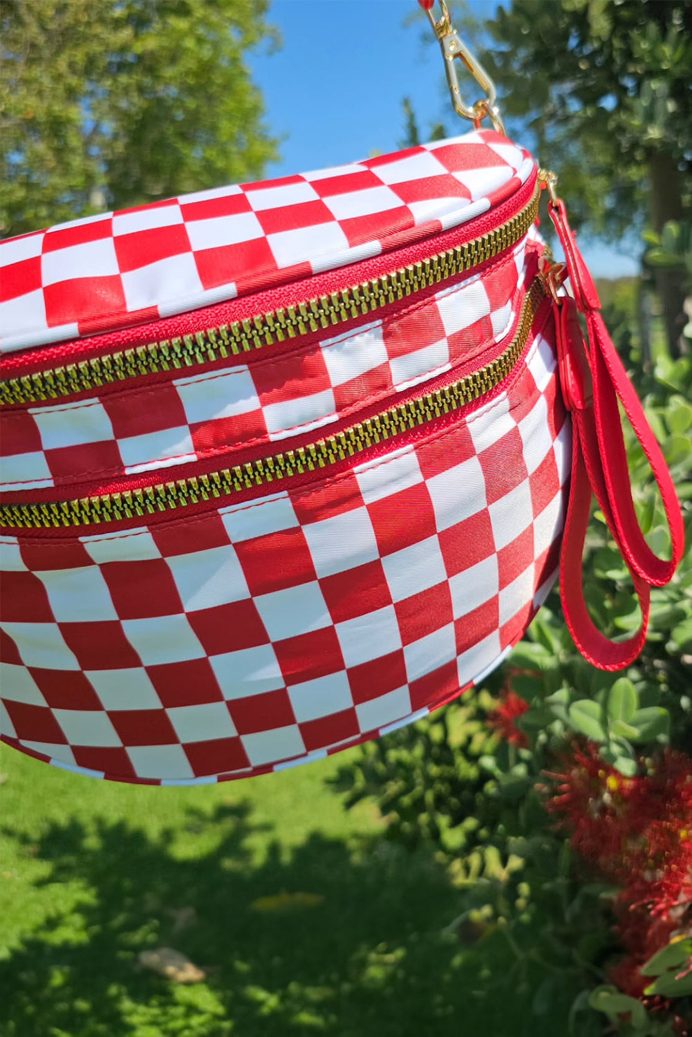 Pink Checkered Print Wide Strap Large Crossbody Bag