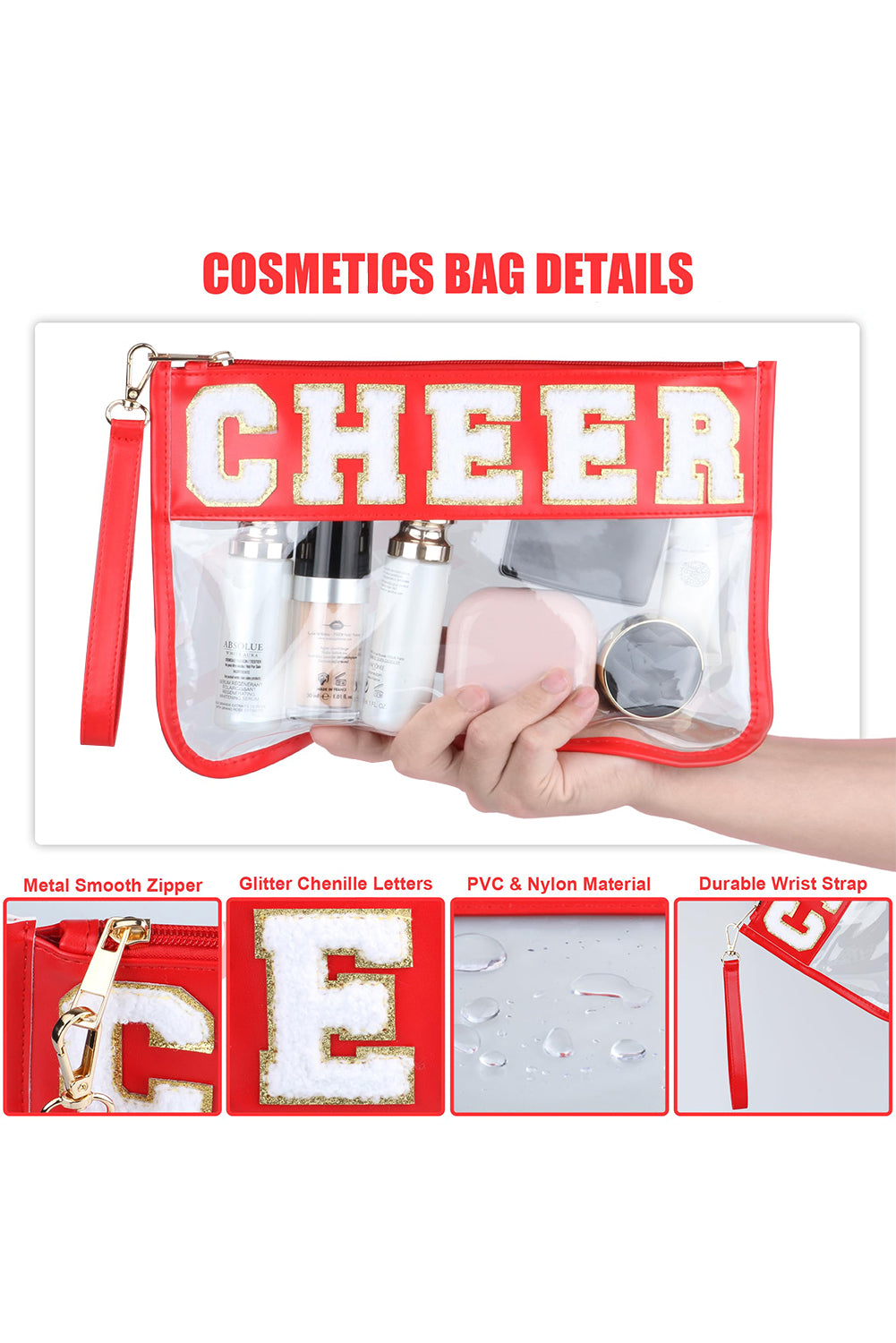 Bright Pink CHEER Chenille Letter Zipper Varsity Clear Makeup Bag