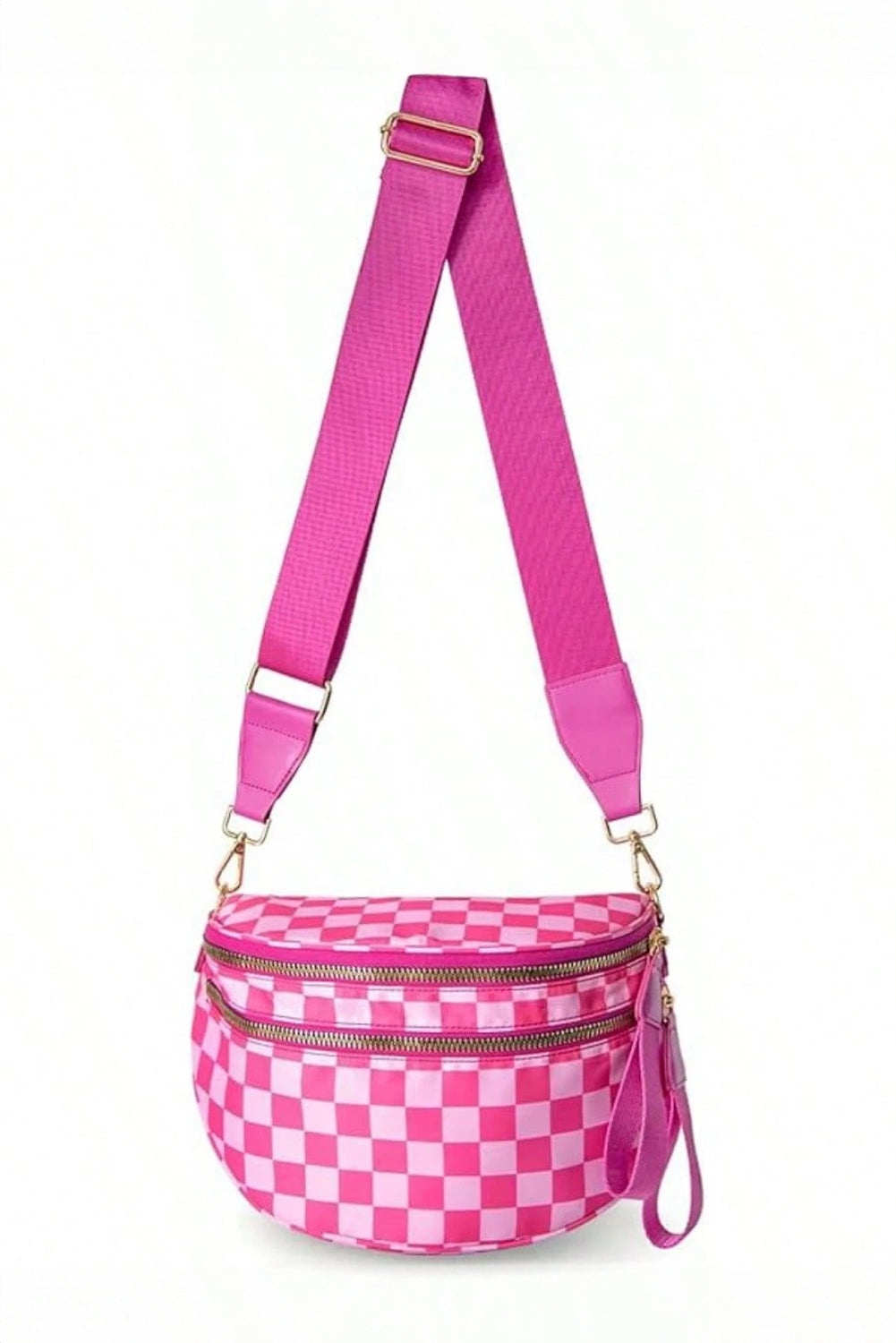Pink Checkered Print Wide Strap Large Crossbody Bag